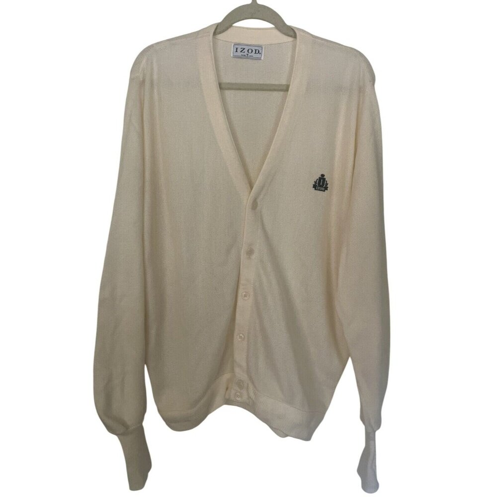 Vintage IZOD Men's Cardigan Sweater Off-White Size Medium Made In USA Oversized